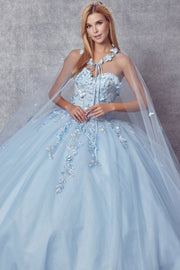 3D Floral Strapless Cape Ball Gown by Juliet 1435