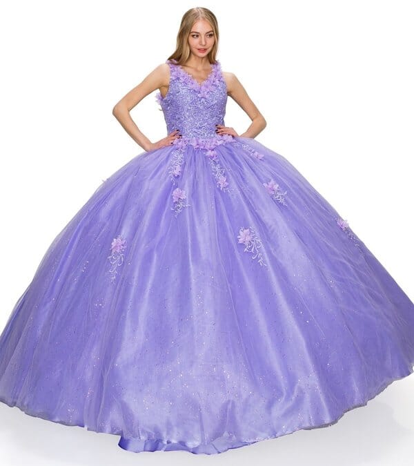 3D Floral V-Neck Ball Gown by Cinderella Couture 8025J