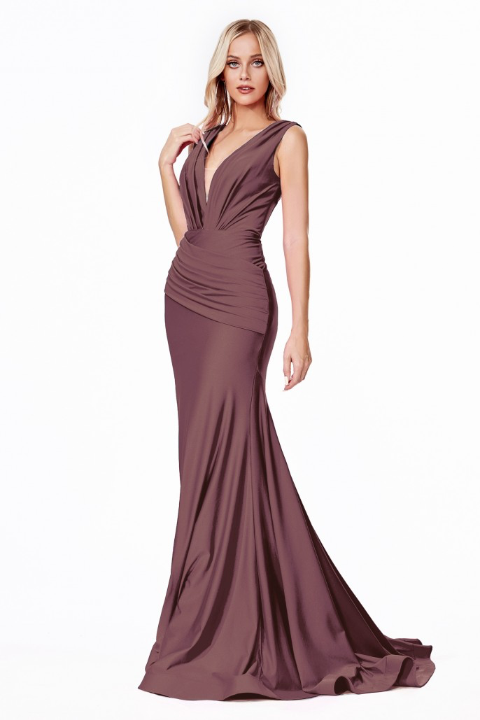 Ruched Long V-Neck Dress by Cinderella Divine CD912