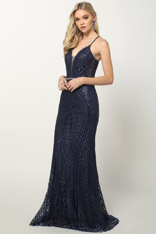 Fitted Glitter Print Lace-Up Gown by Juliet 681