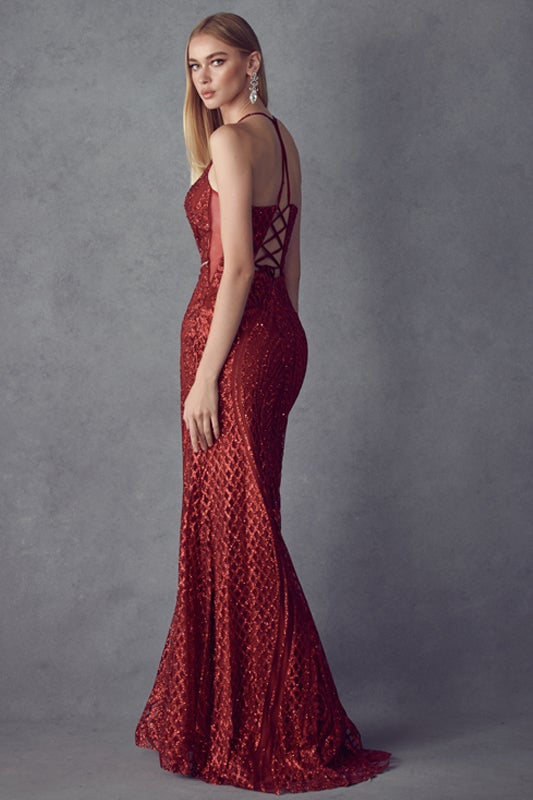 Fitted Glitter Print Lace-Up Gown by Juliet 681