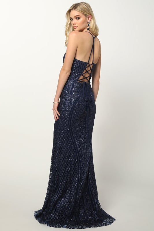 Fitted Glitter Print Lace-Up Gown by Juliet 681