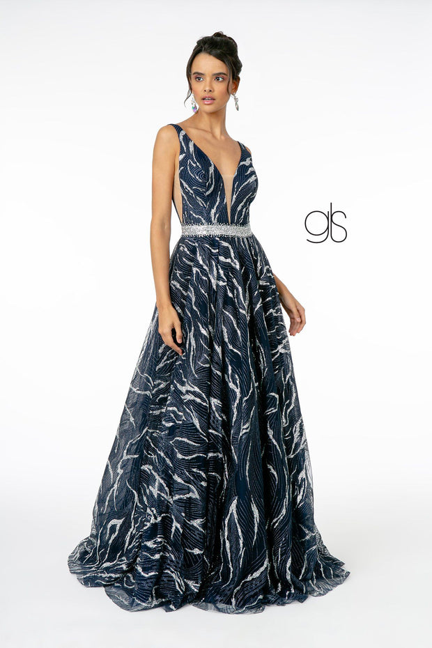 A-Line Glitter Gown with Beaded Waistband by Elizabeth K GL2928