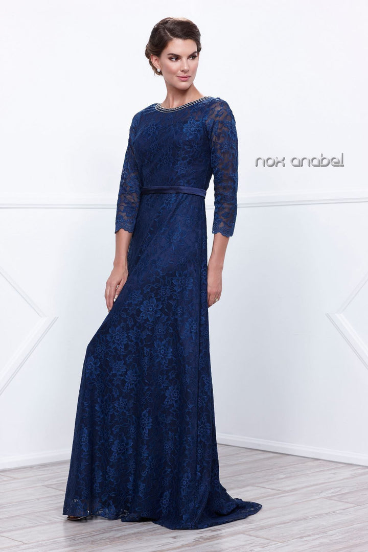 All Over Floral Lace Dress with 3/4 Sleeves by Nox Anabel 5131-Long Formal Dresses-ABC Fashion