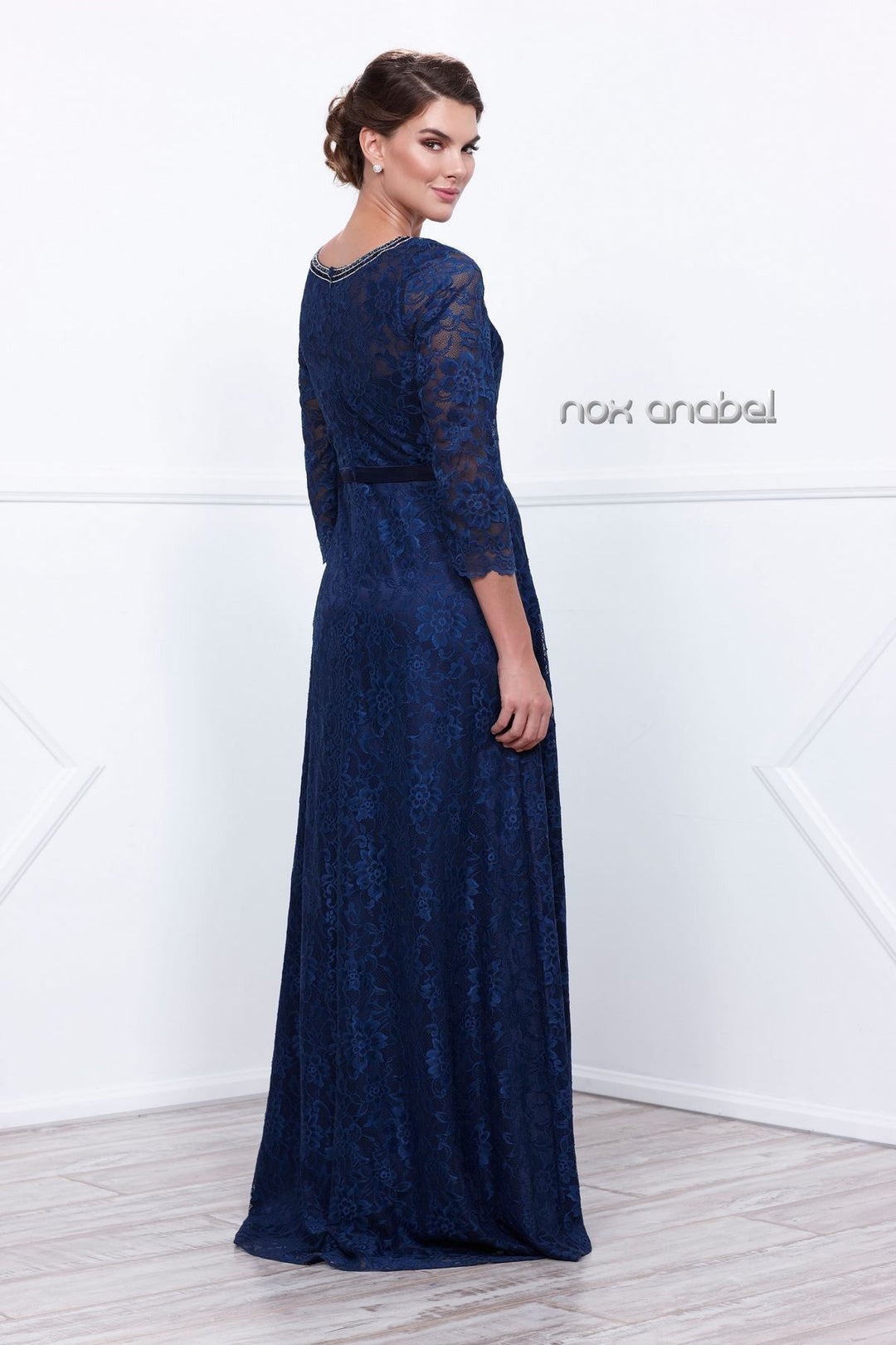 All Over Floral Lace Dress with 3/4 Sleeves by Nox Anabel 5131-Long Formal Dresses-ABC Fashion