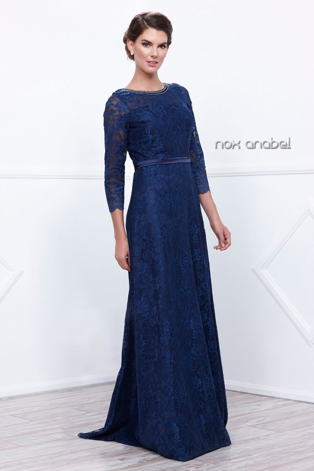 All Over Floral Lace Dress with 3/4 Sleeves by Nox Anabel 5131-Long Formal Dresses-ABC Fashion