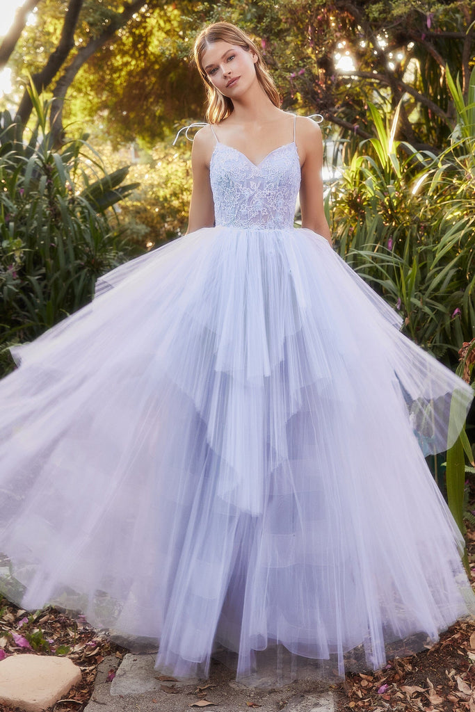 Andrea Leo Beaded long off the shoulder corset dress with A-line ruffled  tulle skirt A1150
