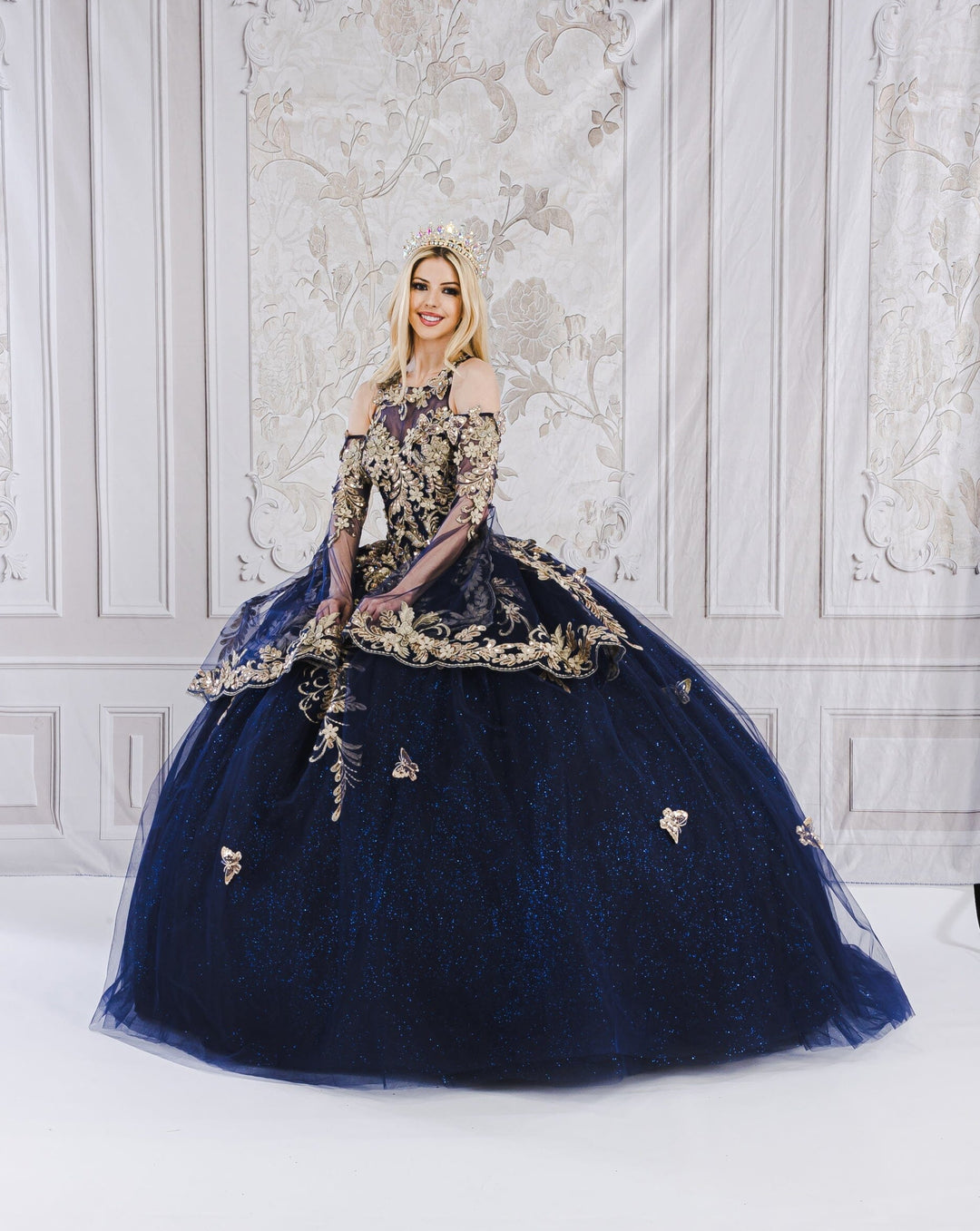 Applique Bell Sleeve Ball Gown by Petite Adele PQ1020