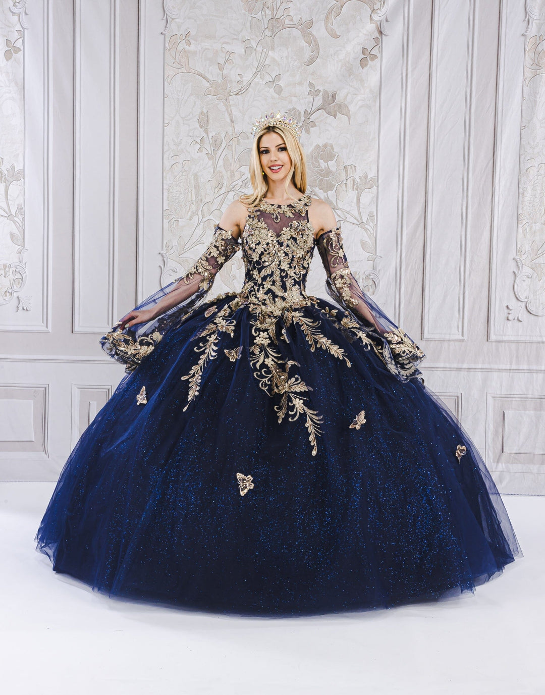 Applique Bell Sleeve Ball Gown by Petite Adele PQ1020