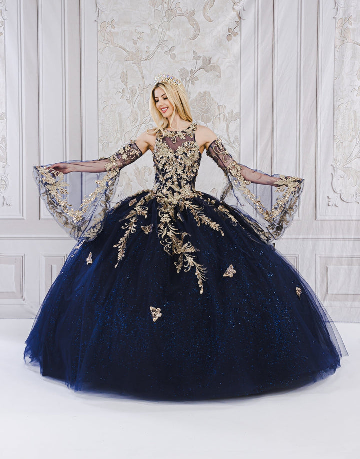 Applique Bell Sleeve Ball Gown by Petite Adele PQ1020