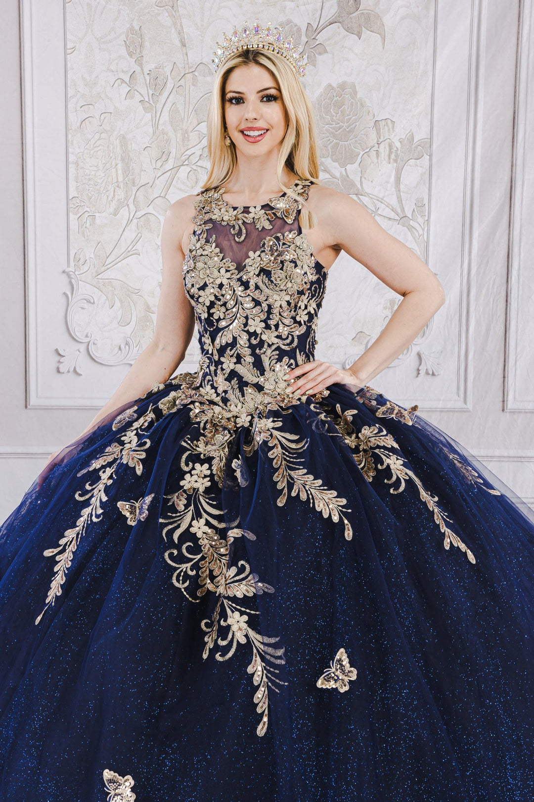 Applique Bell Sleeve Ball Gown by Petite Adele PQ1020