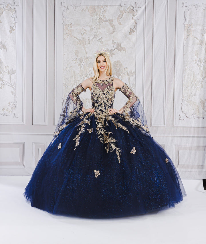 Applique Bell Sleeve Ball Gown by Petite Adele PQ1020