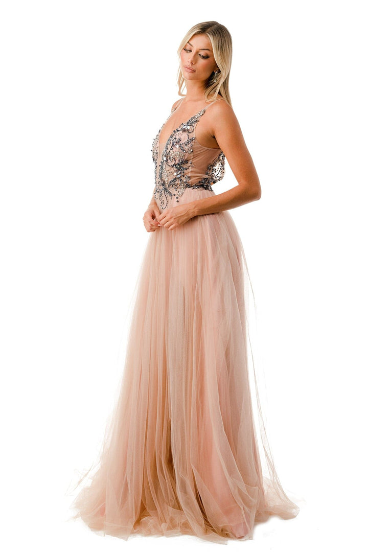 Applique Bodice Deep V-Neck Tulle Gown by Coya L2781A