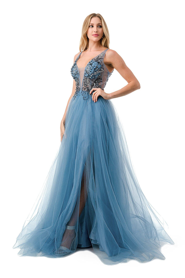 Applique Bodice Deep V-Neck Tulle Gown by Coya L2781A