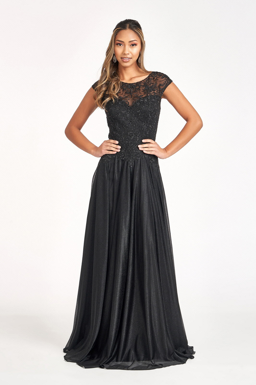 Applique Cap Sleeve Chiffon Gown by Elizabeth K GL3068 3XL / Black Applique Cap Sleeve Chiffon Gown by Elizabeth K GL3068 3XL / Black