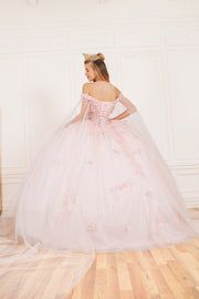 Applique Cape Sleeve Ball Gown by Cinderella Couture 8075J