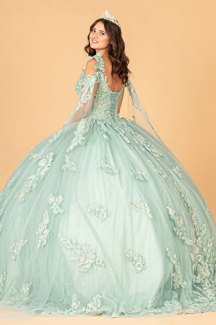 Applique Cape Sleeve Ball Gown by Elizabeth K GL3099