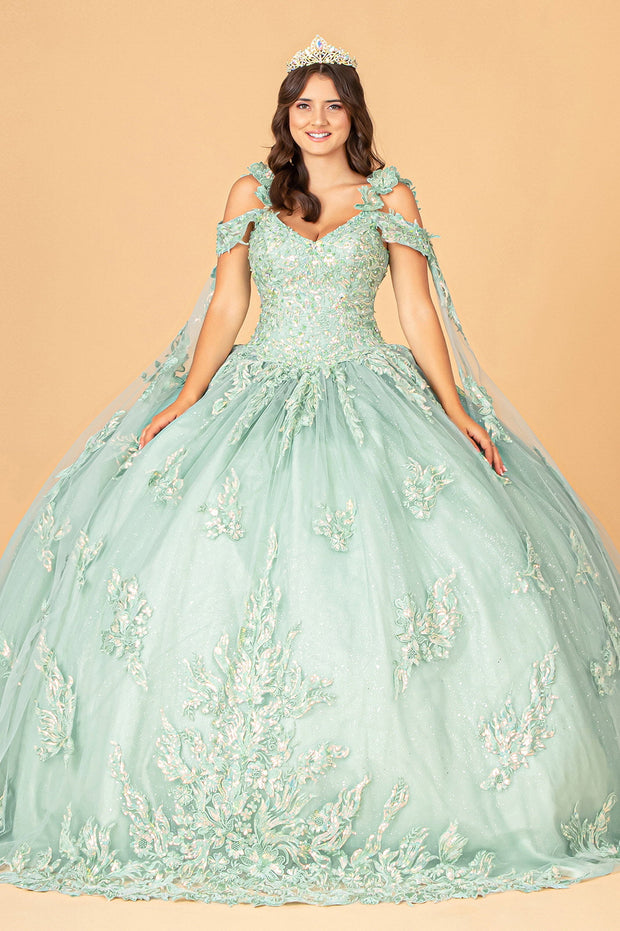 Applique Cape Sleeve Ball Gown by Elizabeth K GL3099