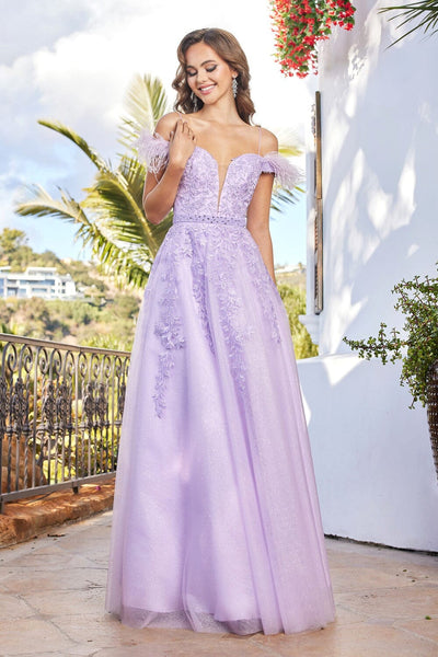 Applique Cold Shoulder Feather Gown by Adora 3143