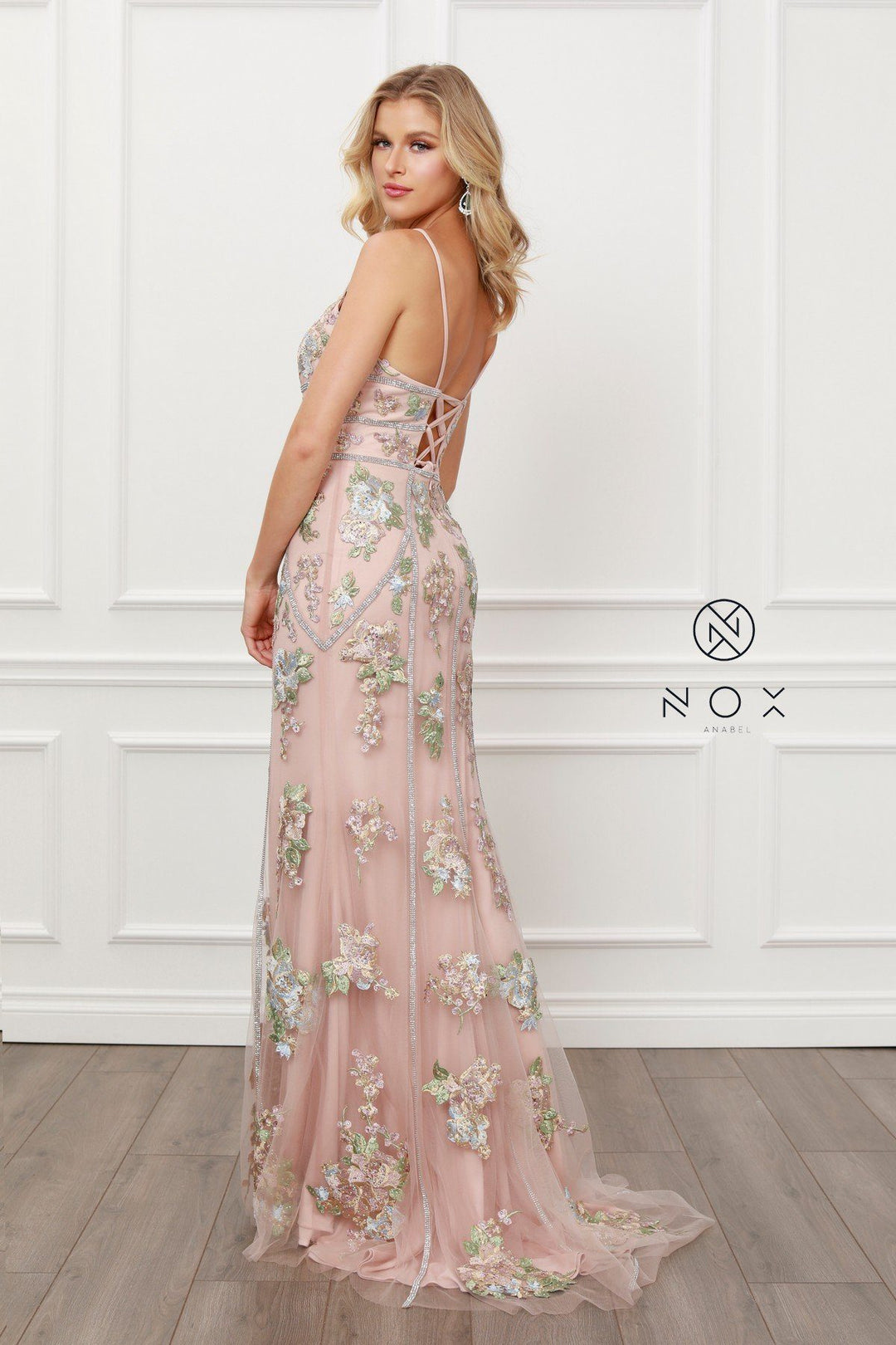 Applique Deep V-Neck Fitted Gown by Nox Anabel G478