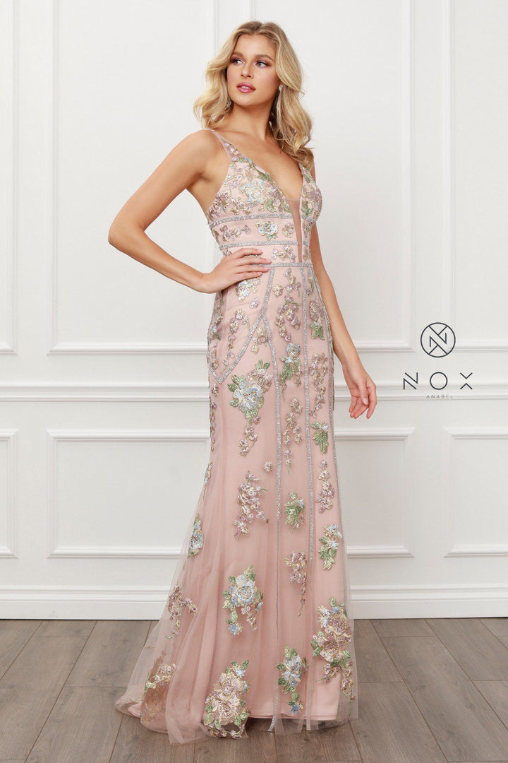 Applique Deep V-Neck Fitted Gown by Nox Anabel G478