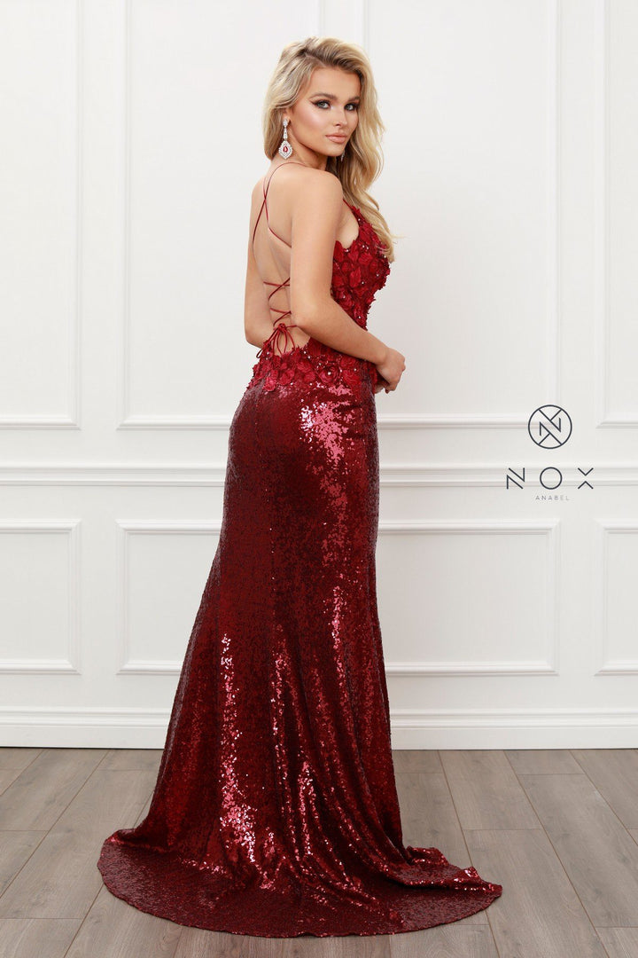 Applique Fitted Sequin Gown by Nox Anabel R429