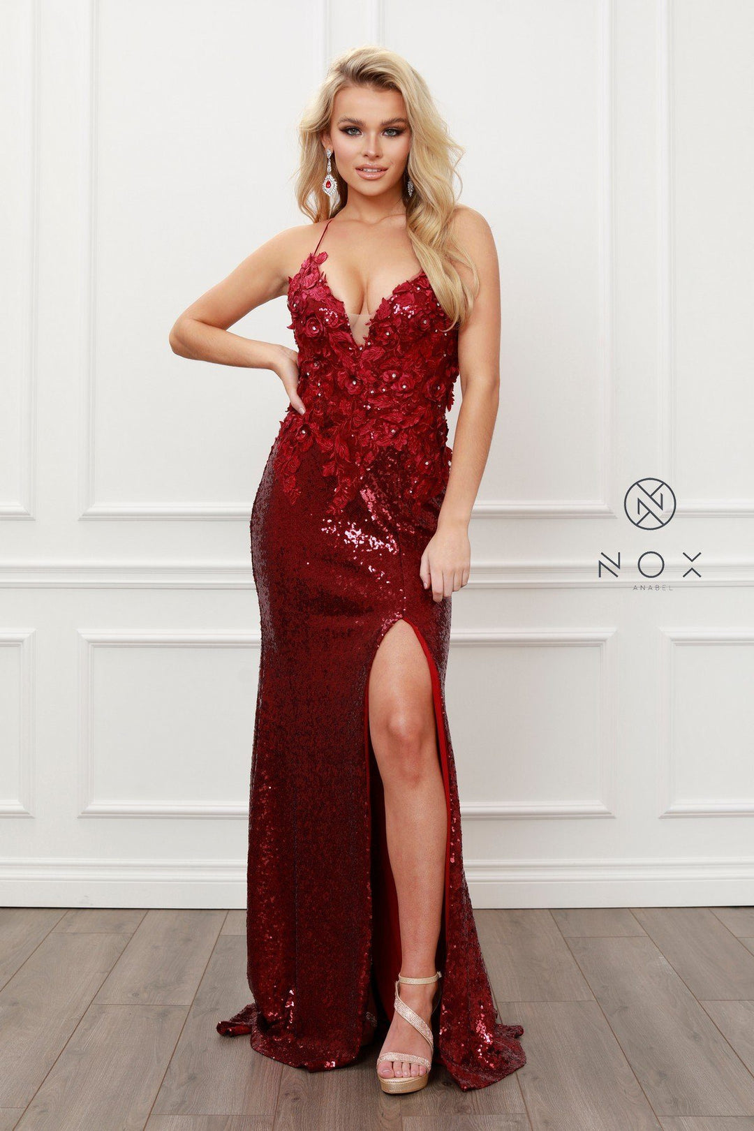 Applique Fitted Sequin Gown by Nox Anabel R429