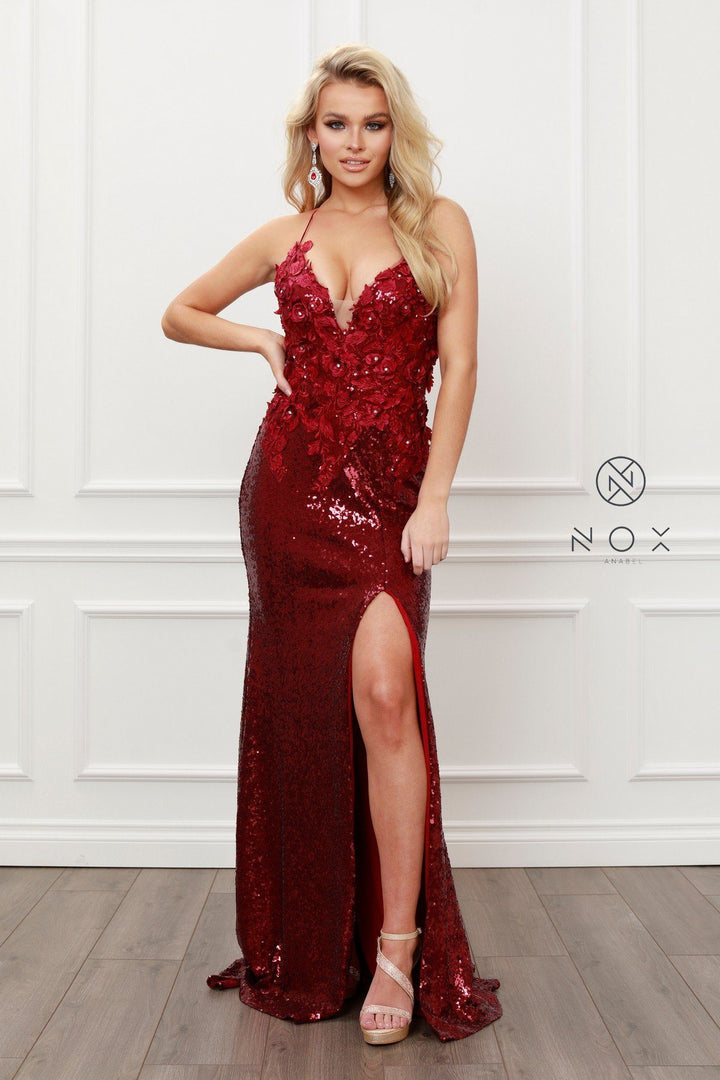 Applique Fitted Sequin Gown by Nox Anabel R429