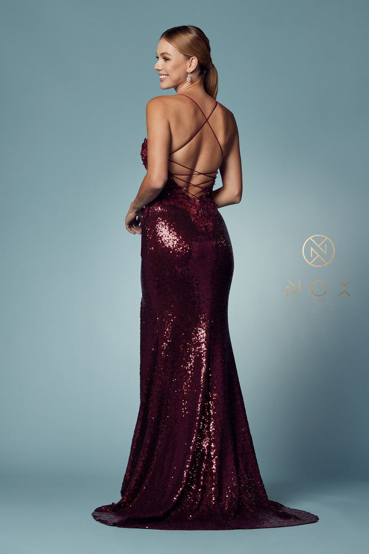 Applique Fitted Sequin Gown by Nox Anabel R429