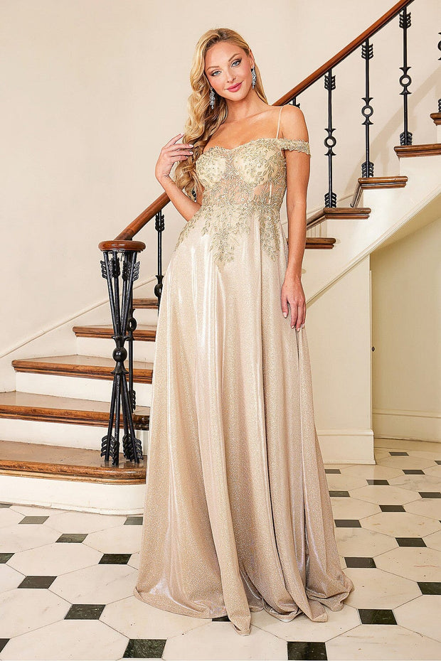 Applique Glitter Cold Shoulder A-line Gown by Adora 3097