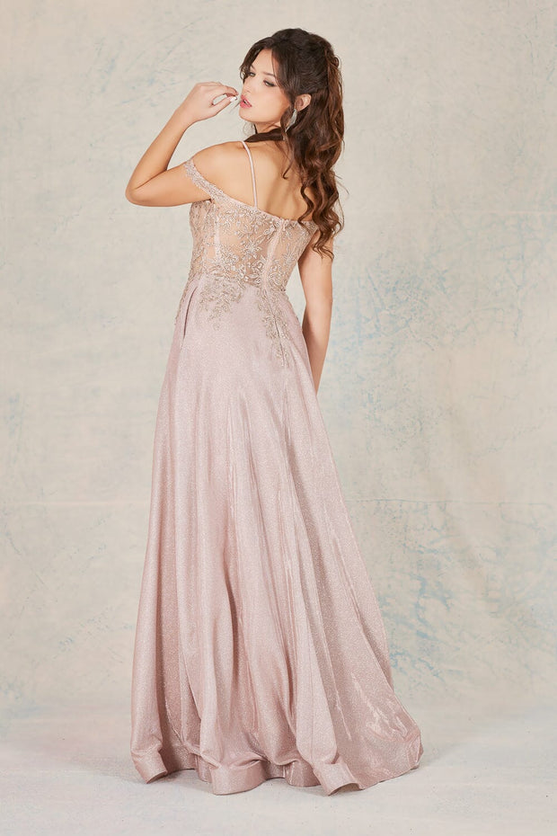 Applique Glitter Cold Shoulder A-line Gown by Adora 3097