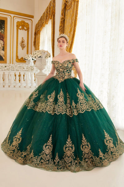 Applique Glitter Off Shoulder Ball Gown by Ladivine 15705