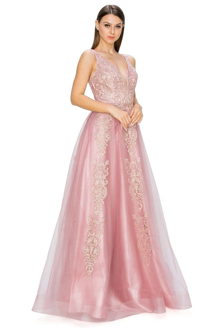 Applique Illusion V-Neck Gown by Cinderella Couture 8029J