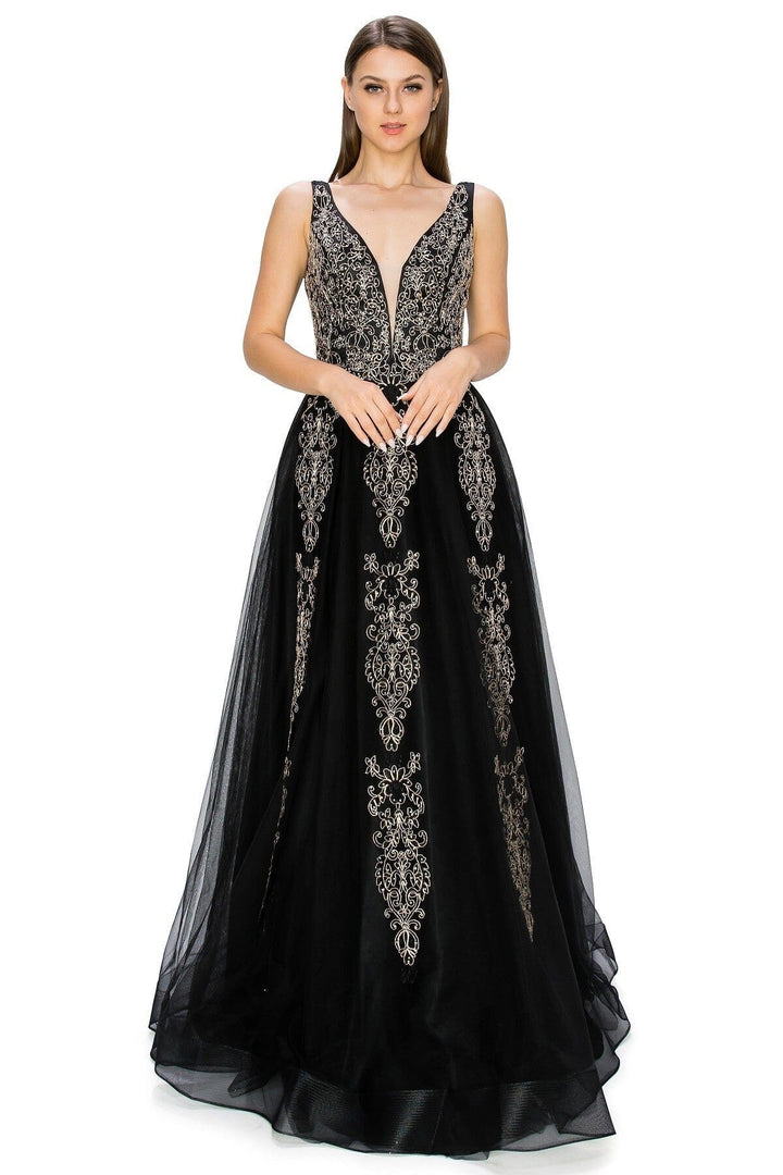 Applique Illusion V-Neck Gown by Cinderella Couture 8029J