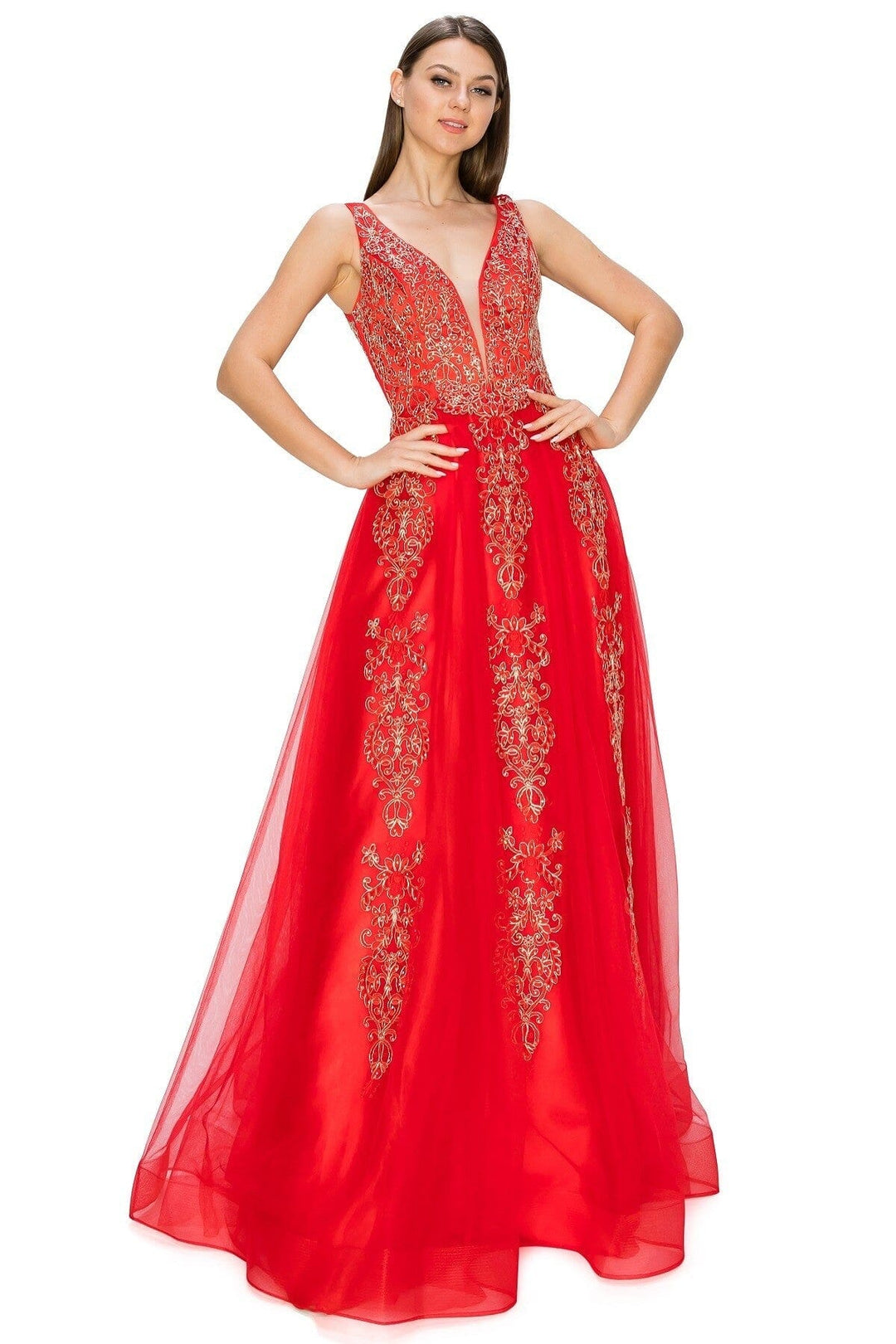 Applique Illusion V-Neck Gown by Cinderella Couture 8029J