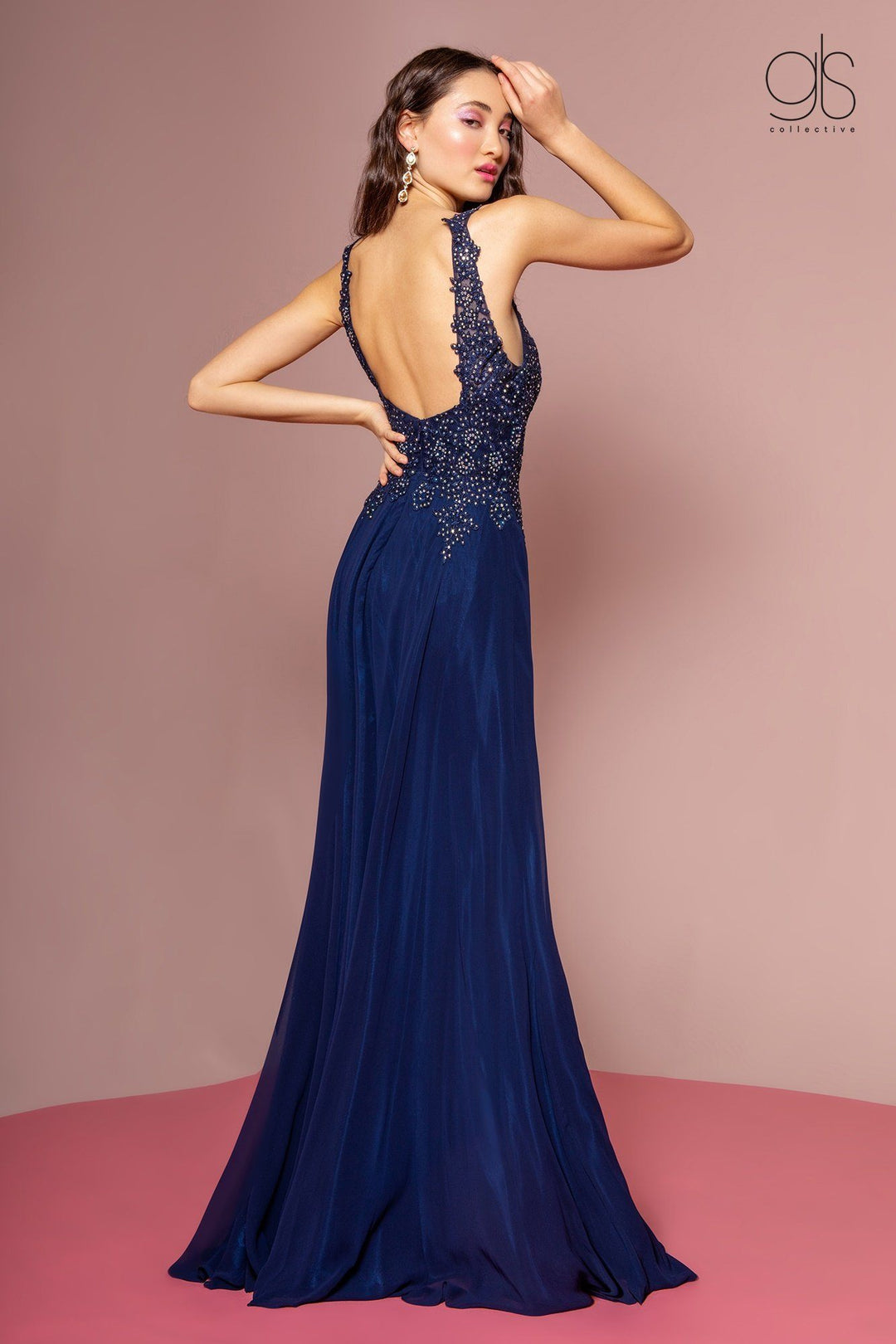 Long High Neck Dress with Sheer Applique Top by Elizabeth K GL2690-Long Formal Dresses-ABC Fashion