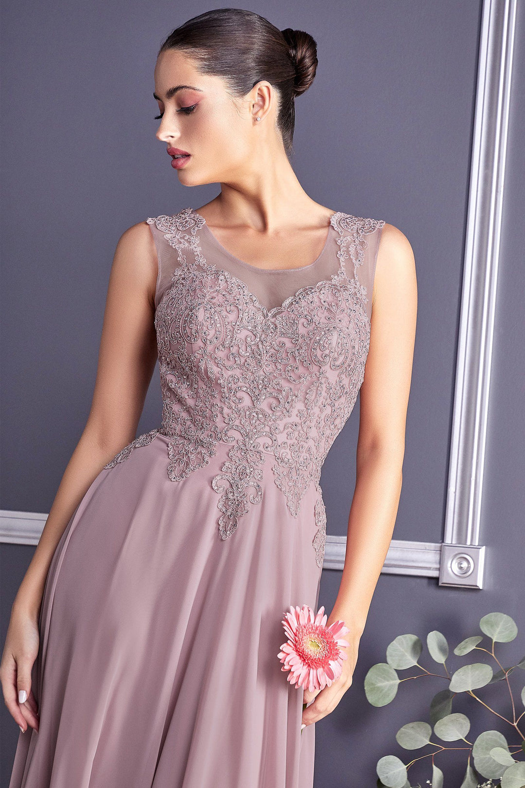 Applique Long Illusion Dress by Cinderella Divine 2635