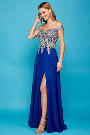 Applique Long Off Shoulder Slit Dress by Adora 3040