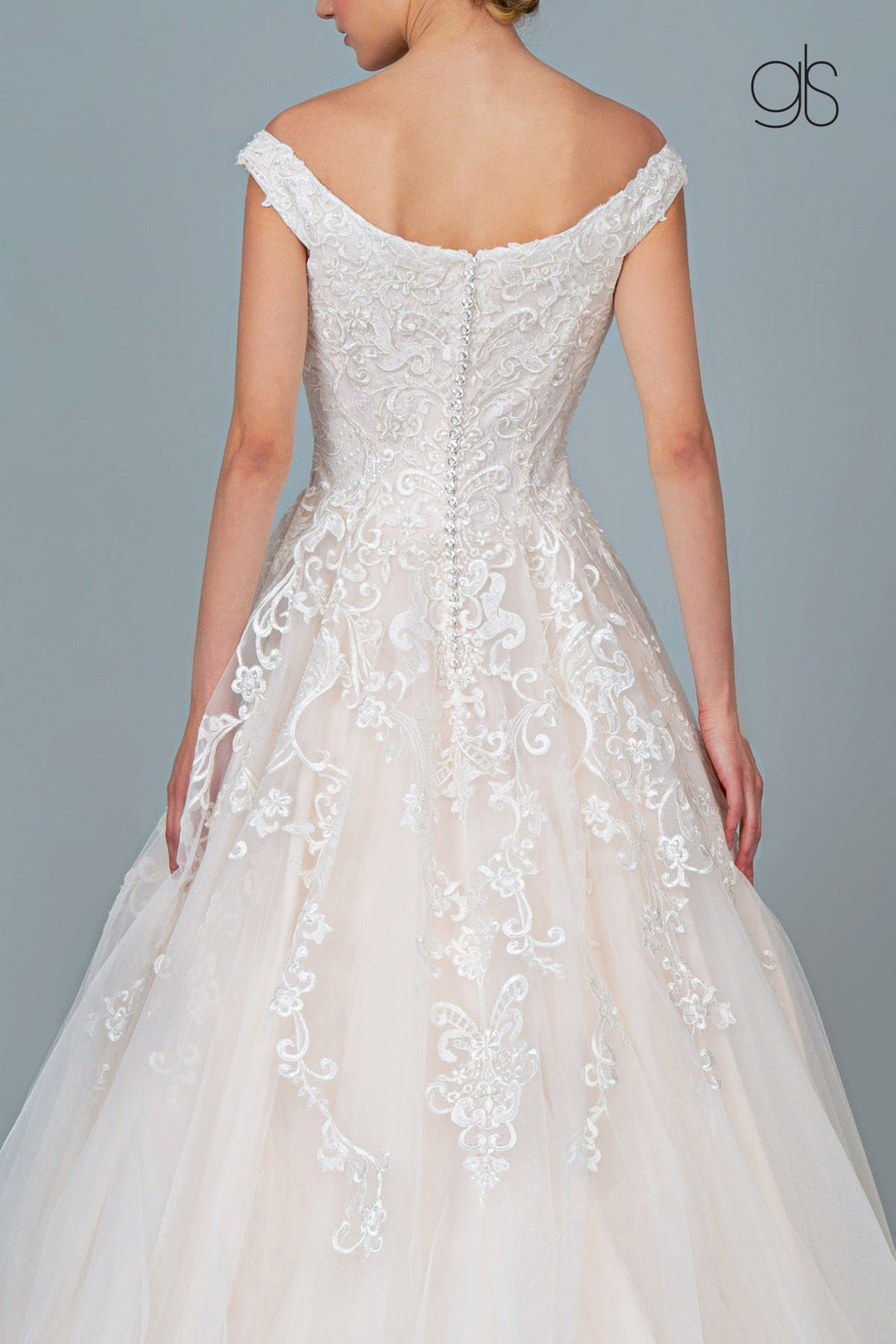 Applique Long Off Shoulder Wedding Dress by Elizabeth K GL1800