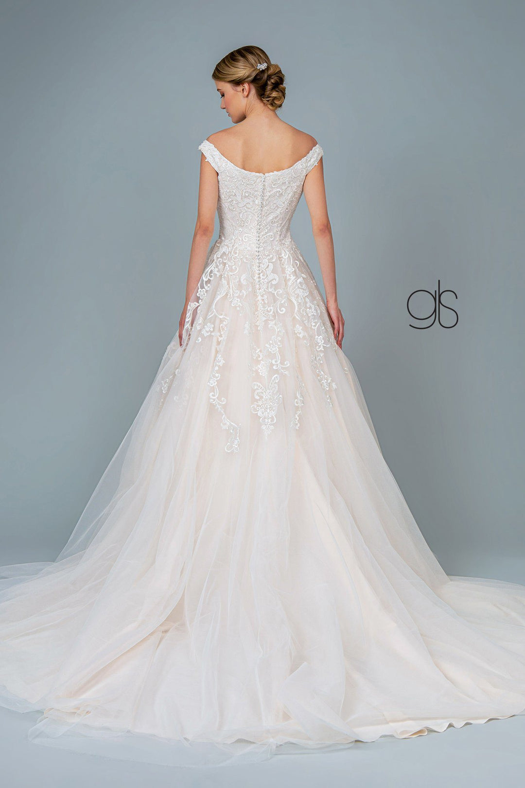 Applique Long Off Shoulder Wedding Dress by Elizabeth K GL1800