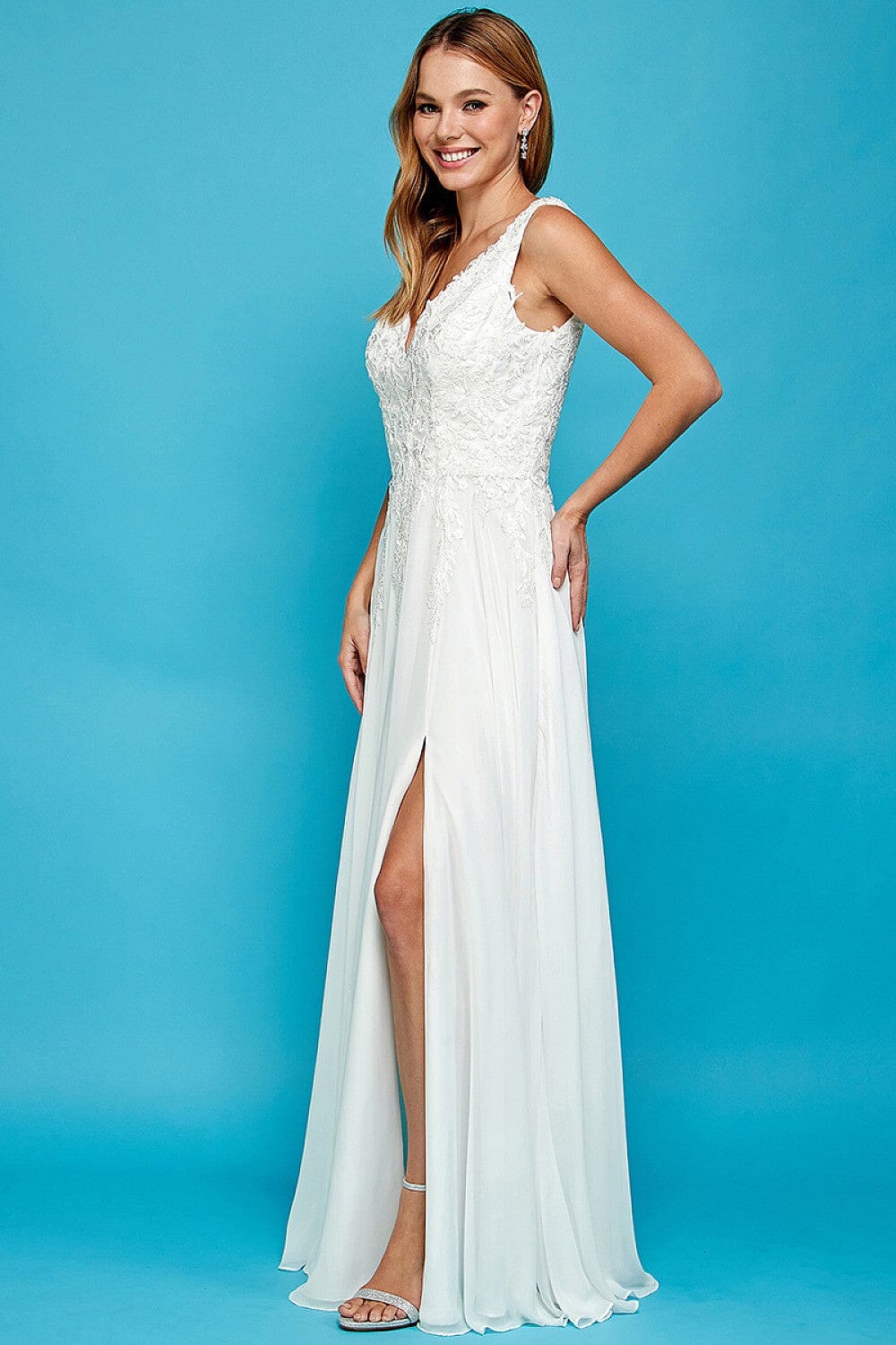 Applique Long Sleeveless V-Neck Slit Dress by Adora 3003