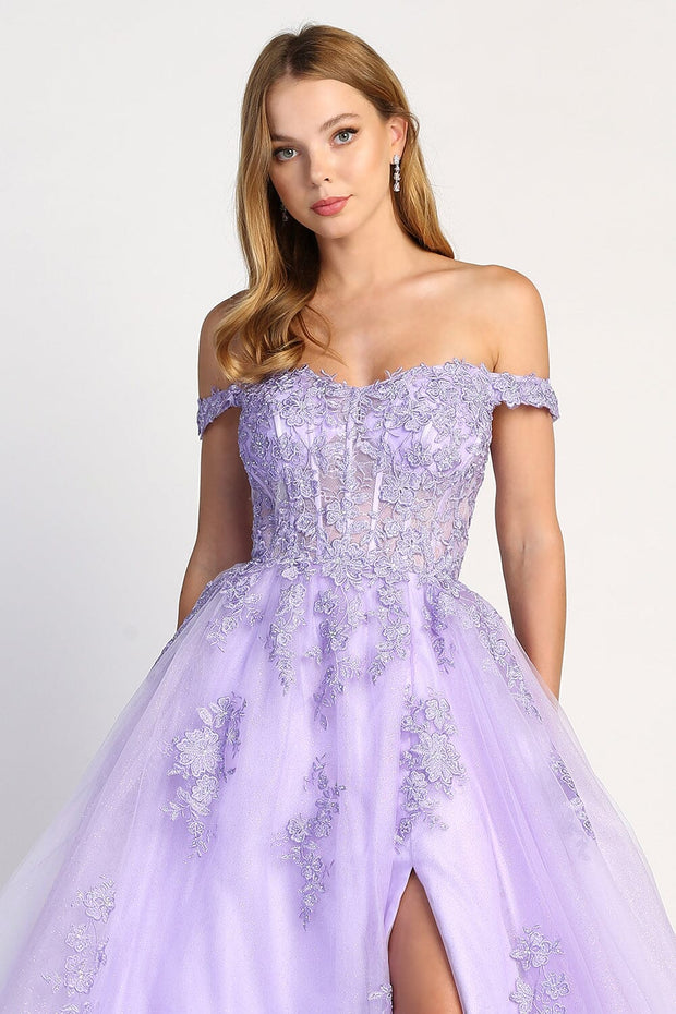 Applique Off Shoulder A-line Slit Gown by Adora 3002