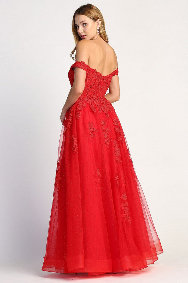 Applique Off Shoulder A-line Slit Gown by Adora 3002