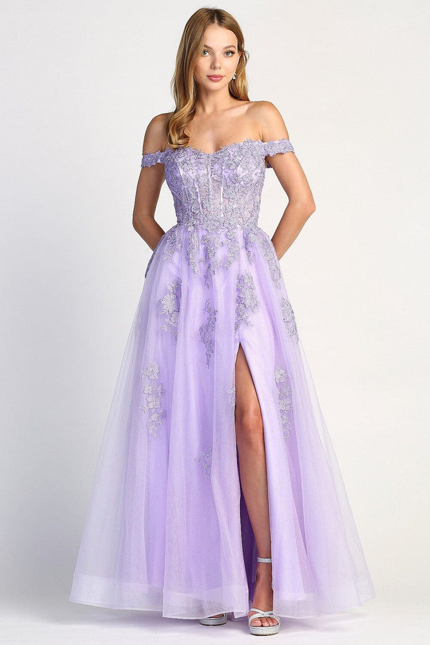 Applique Off Shoulder A-line Slit Gown by Adora 3002