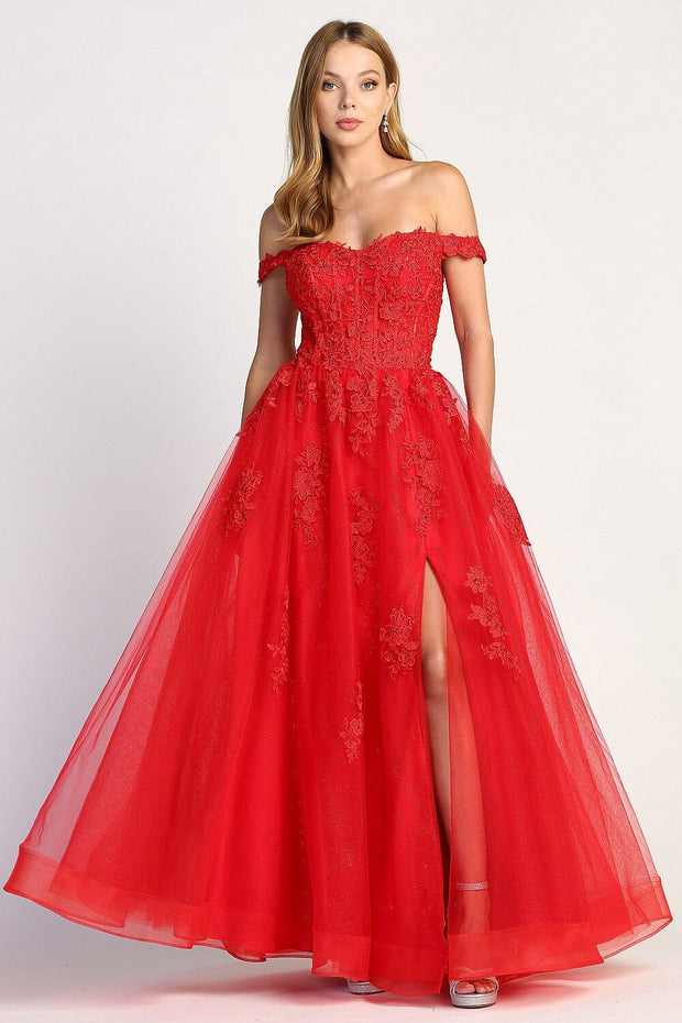Applique Off Shoulder A-line Slit Gown by Adora 3002