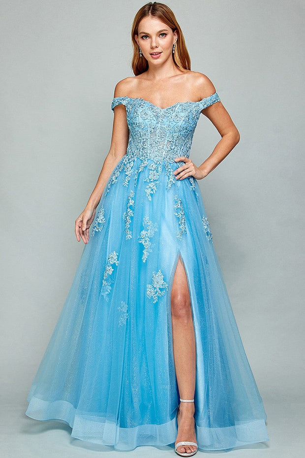 Applique Off Shoulder A-line Slit Gown by Adora 3002
