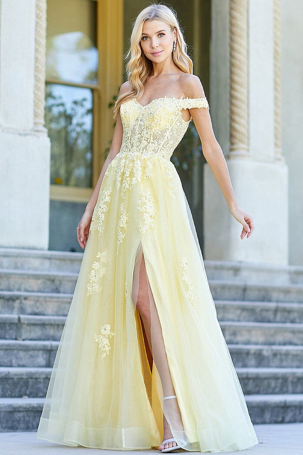Applique Off Shoulder A-line Slit Gown by Adora 3002
