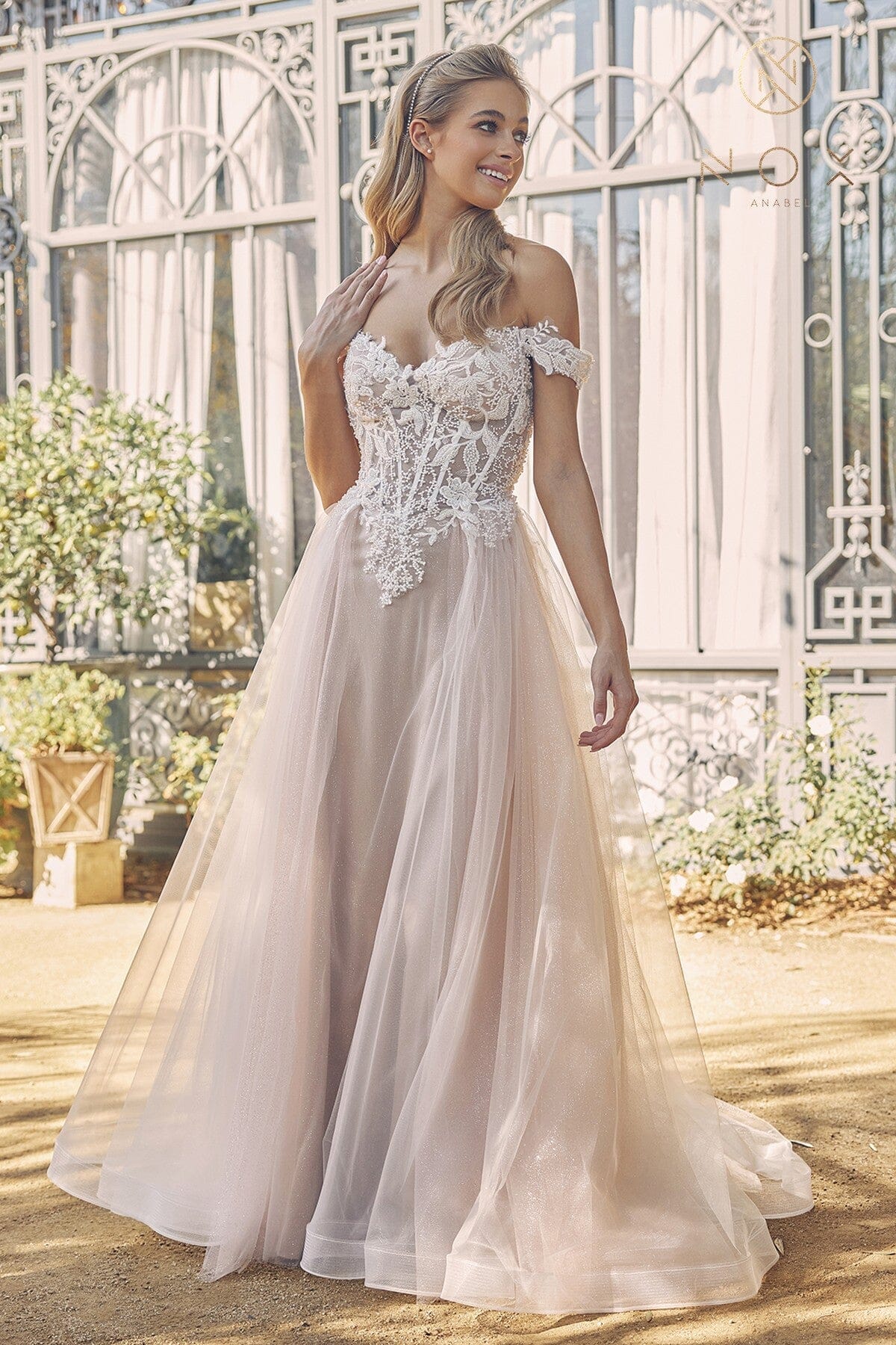Nox Anabel Off Shoulder Applique Bridal Gown
