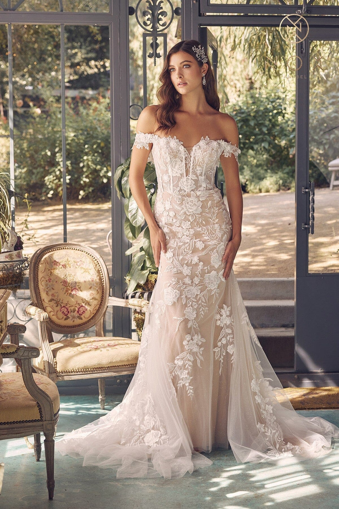 Applique Off Shoulder Bridal Mermaid Gown by Nox Anabel JE974 8 / White/Nude Applique Off Shoulder Bridal Mermaid Gown by Nox Anabel JE974 8 / White/Nude