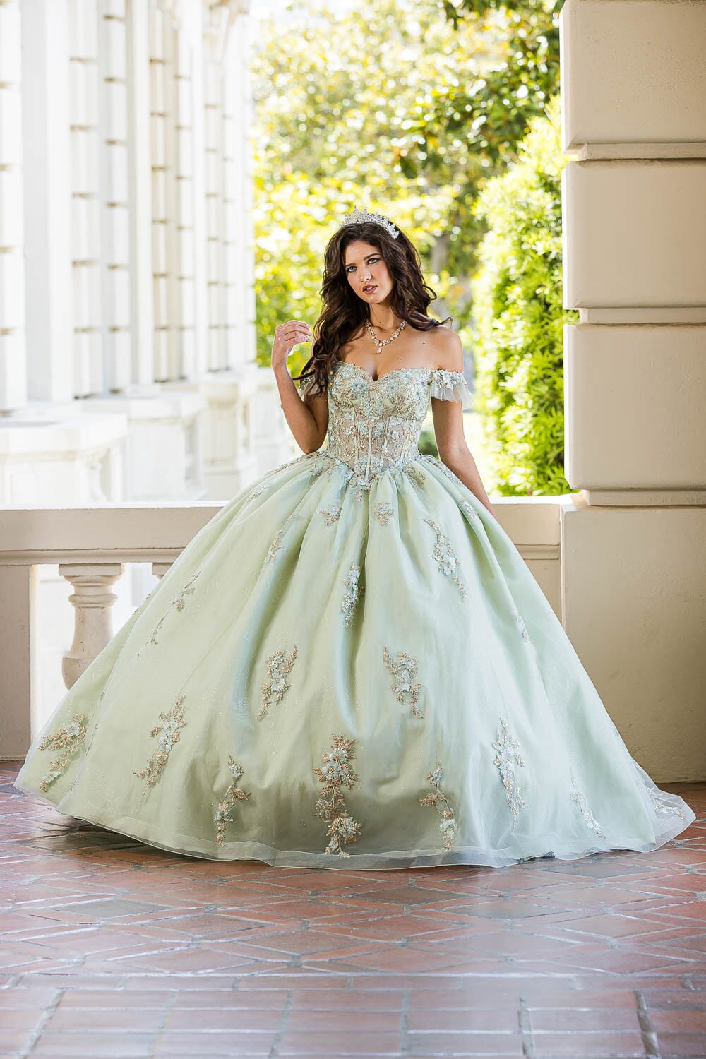 Applique Off Shoulder Corset Ball Gown by Petite Adele PQ1024